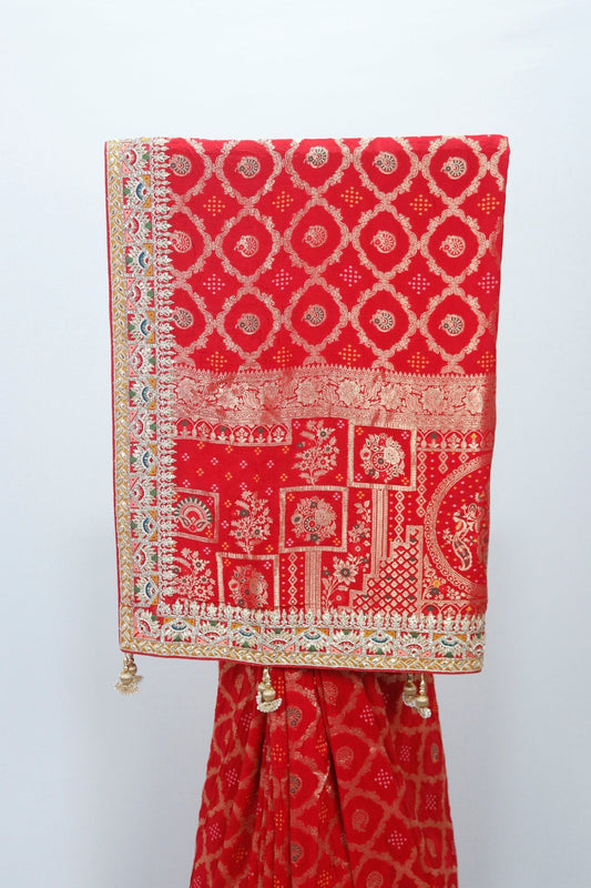 Red Banarasi Silk Saree Embroidered Border for Wedding Festive Wear - Mangaldeep NX