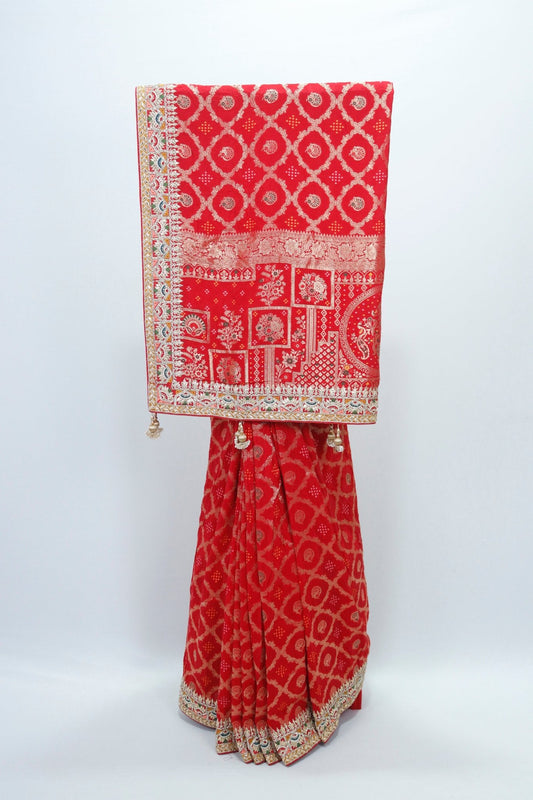 Red Banarasi Silk Saree Embroidered Border for Wedding Festive Wear - Mangaldeep NX