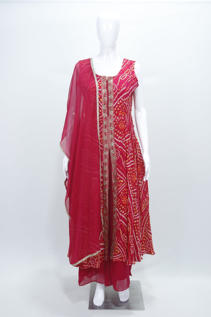 Red Bandhani Print Georgette Anarkali Suit Set with Dupatta Red Traditional Party Wear for Women - Mangaldeep NX