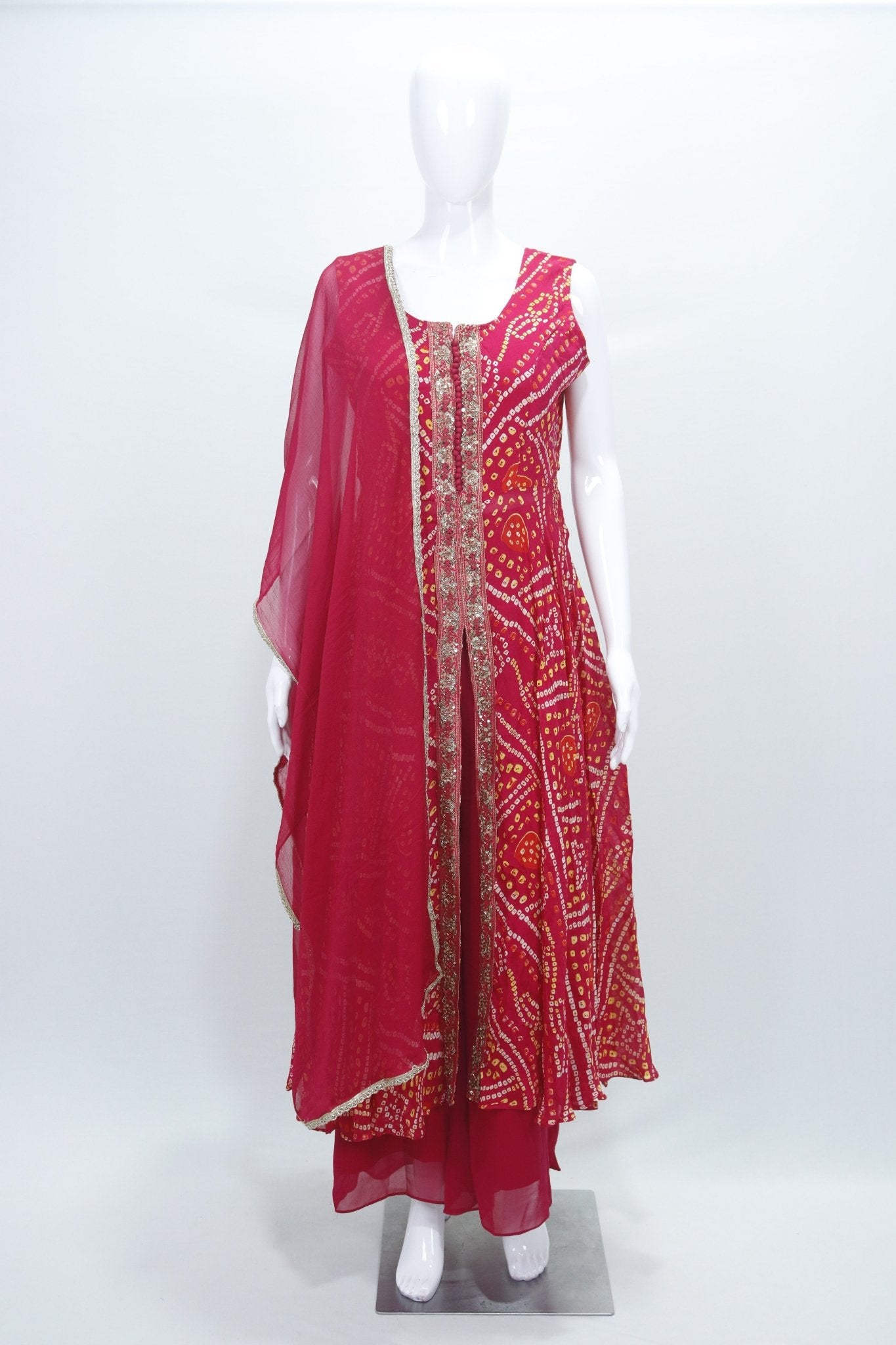 Red Bandhani Print Georgette Anarkali Suit Set with Dupatta Red Traditional Party Wear for Women - Mangaldeep NX
