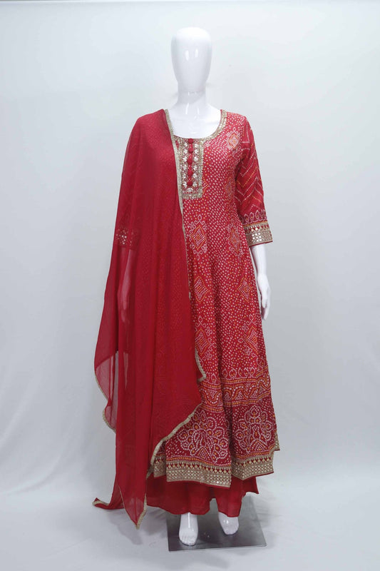 Red Bandhani Printed Anarkali Kurta Set with Gota Patti Work and Matching Dupatta - Mangaldeep NX