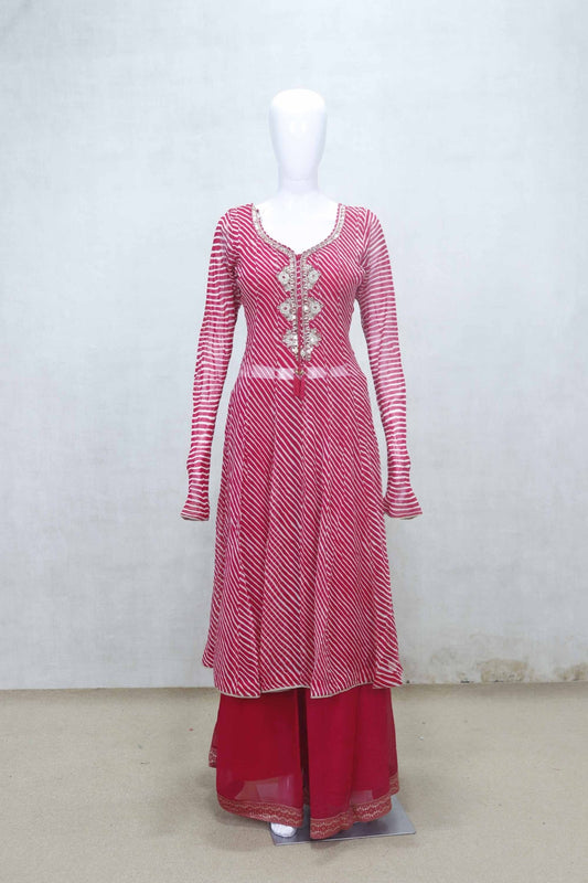 Red Bandhani Printed Kurta and Palazzo Set with Mirror Work and Dupatta for Festive Wear - Mangaldeep NX
