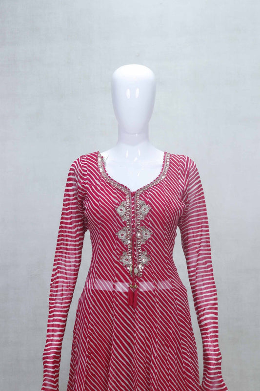 Red Bandhani Printed Kurta and Palazzo Set with Mirror Work and Dupatta for Festive Wear - Mangaldeep NX