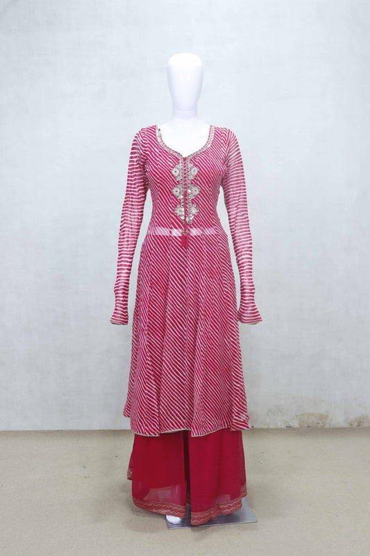 Red Bandhani Printed Kurta and Palazzo Set with Mirror Work and Dupatta for Festive Wear - Mangaldeep NX
