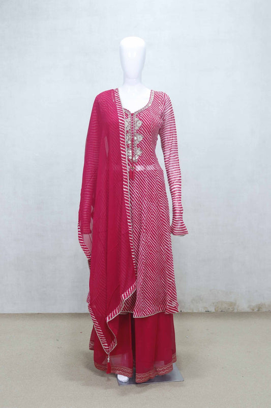Red Bandhani Printed Kurta and Palazzo Set with Mirror Work and Dupatta for Festive Wear - Mangaldeep NX