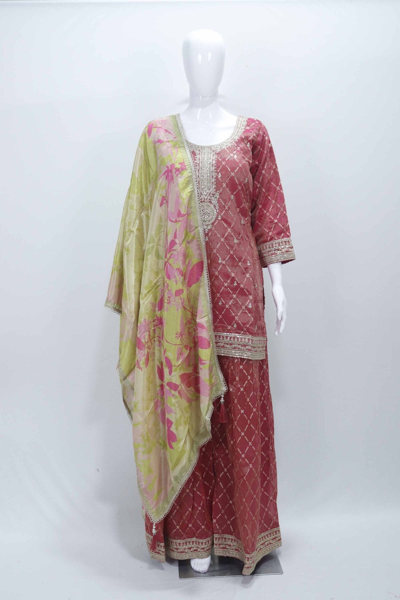 Red Bandhani Printed Kurta Sharara Set with Gota Patti Embroidery and Floral Dupatta - Mangaldeep NX