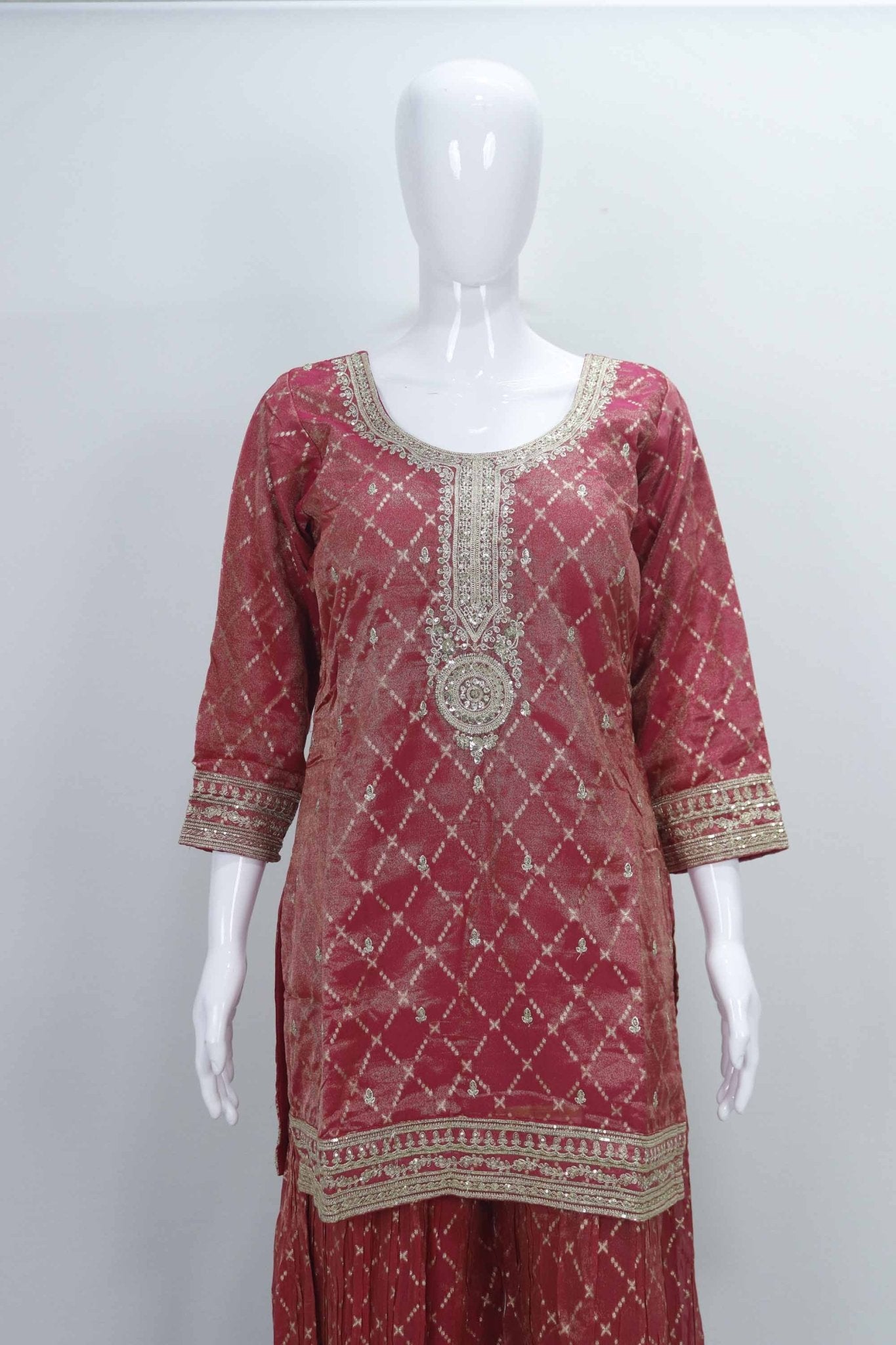 Red Bandhani Printed Kurta Sharara Set with Gota Patti Embroidery and Floral Dupatta - Mangaldeep NX