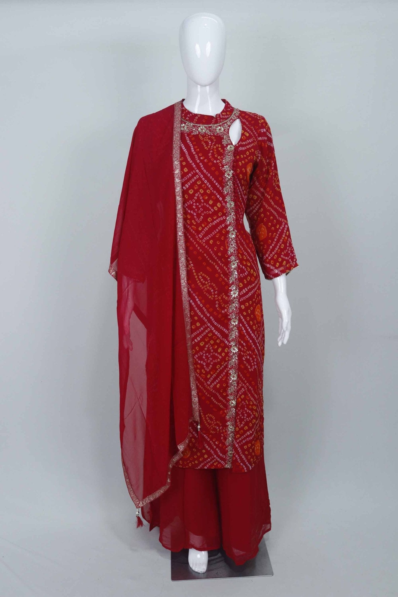 Red Bandhani Sharara Set for Women Dupatta Festive Ethnic Wear - Mangaldeep NX