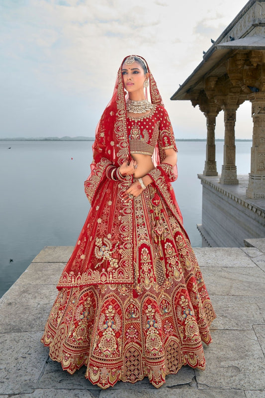 Red Bridal Lehenga Choli with Heavy Zari and Embroidery Work - Mangaldeep NX
