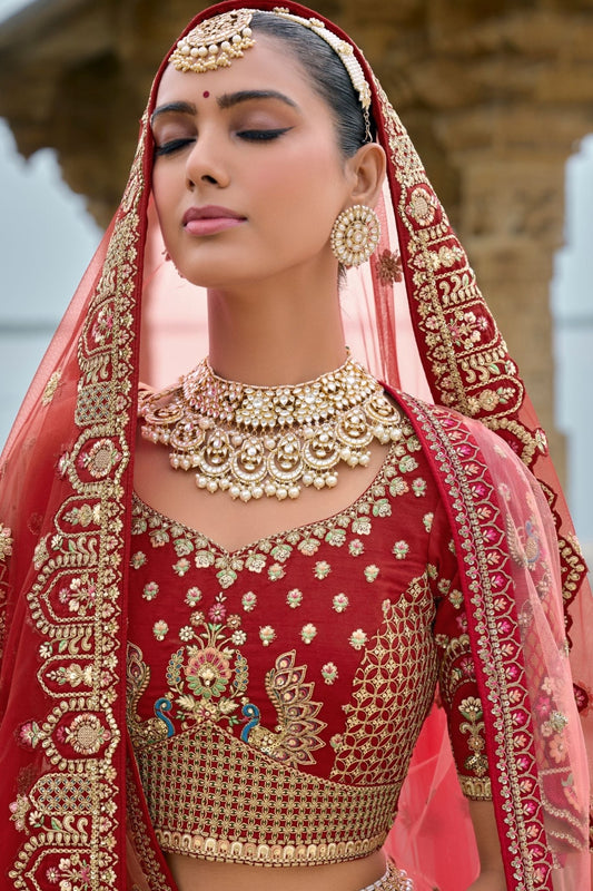 Red Bridal Lehenga Choli with Heavy Zari and Embroidery Work - Mangaldeep NX