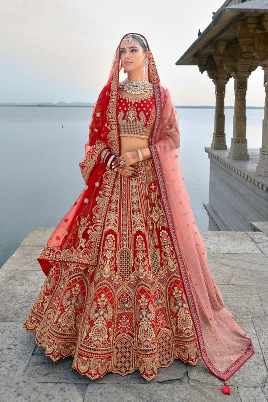 Red Bridal Lehenga Choli with Heavy Zari and Embroidery Work - Mangaldeep NX