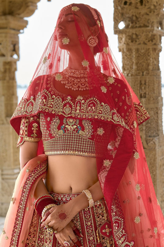 Red Bridal Lehenga Choli with Heavy Zari and Embroidery Work - Mangaldeep NX