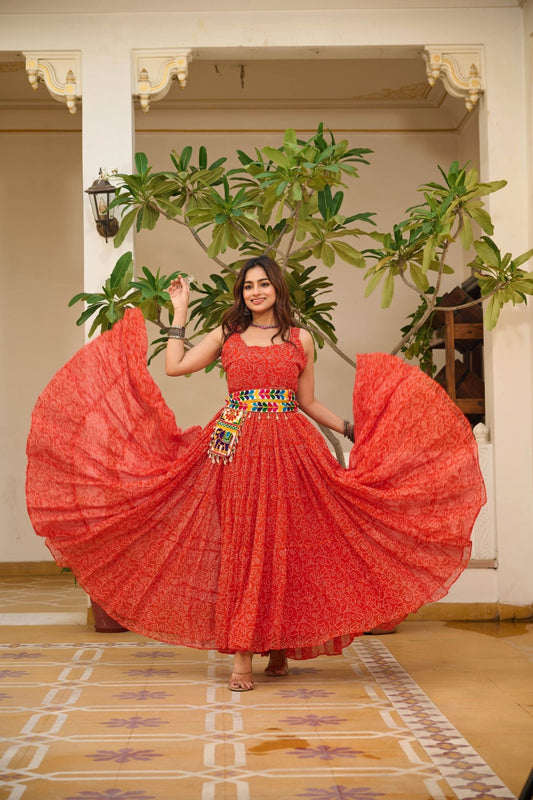 Red Cotton Gown with Multicolor Embroidered Belt - Mangaldeep NX
