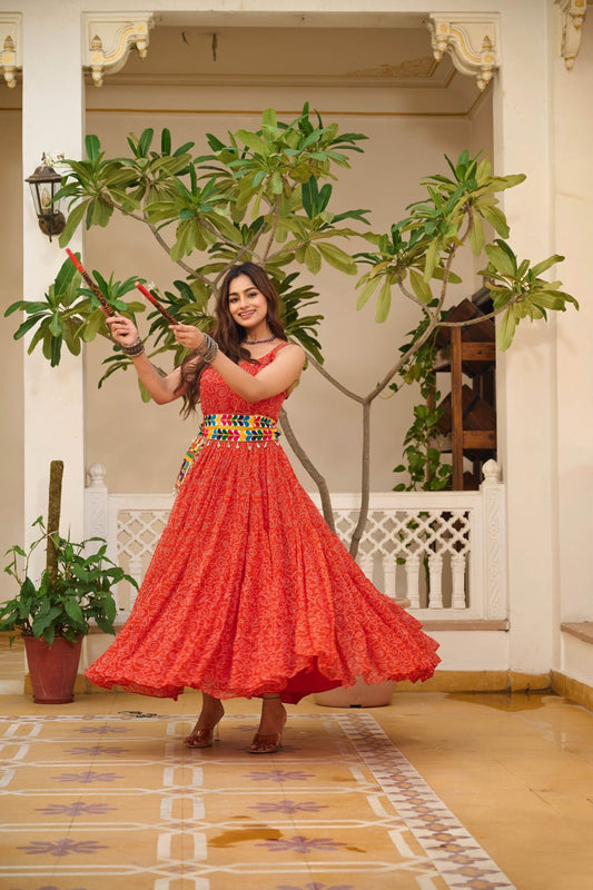 Red Cotton Gown with Multicolor Embroidered Belt - Mangaldeep NX