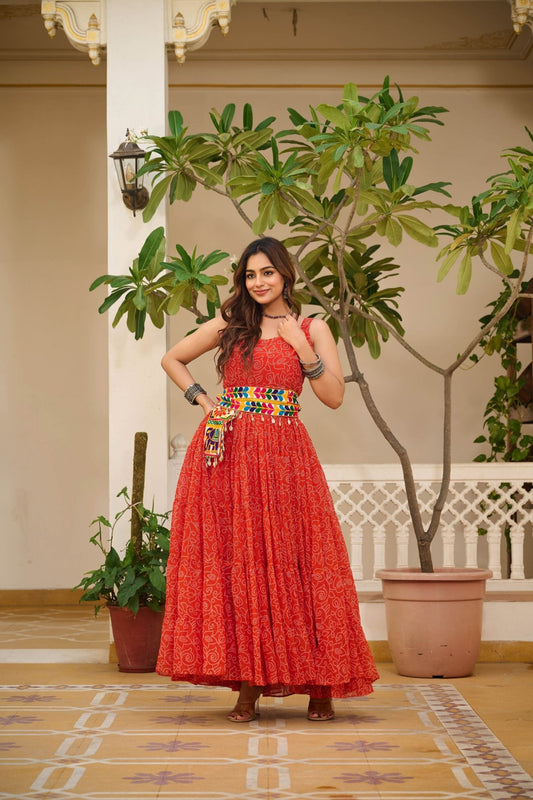 Red Cotton Gown with Multicolor Embroidered Belt - Mangaldeep NX