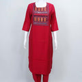 Red Cotton Kurta Set with Geometric Print Dupatta & Embroidered Yoke for Women - Mangaldeep NX