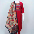 Red Cotton Kurta Set with Geometric Print Dupatta & Embroidered Yoke for Women - Mangaldeep NX