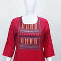 Red Cotton Kurta Set with Geometric Print Dupatta & Embroidered Yoke for Women - Mangaldeep NX