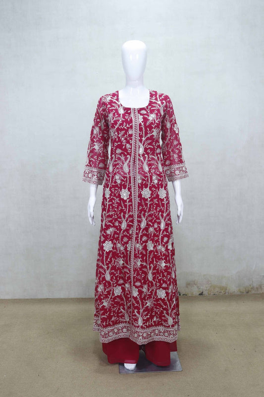 Red Embroidered Kurta Set with White Floral Thread Work and Matching Palazzo Dupatta - Mangaldeep NX