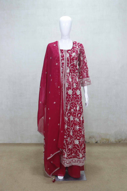 Red Embroidered Kurta Set with White Floral Thread Work and Matching Palazzo Dupatta - Mangaldeep NX