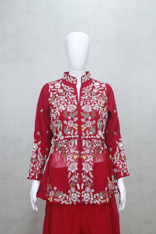Red Embroidered Kurta Sharara Set with Net Dupatta for Festive Wear - Mangaldeep NX