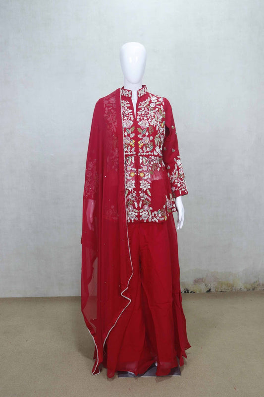 Red Embroidered Kurta Sharara Set with Net Dupatta for Festive Wear - Mangaldeep NX