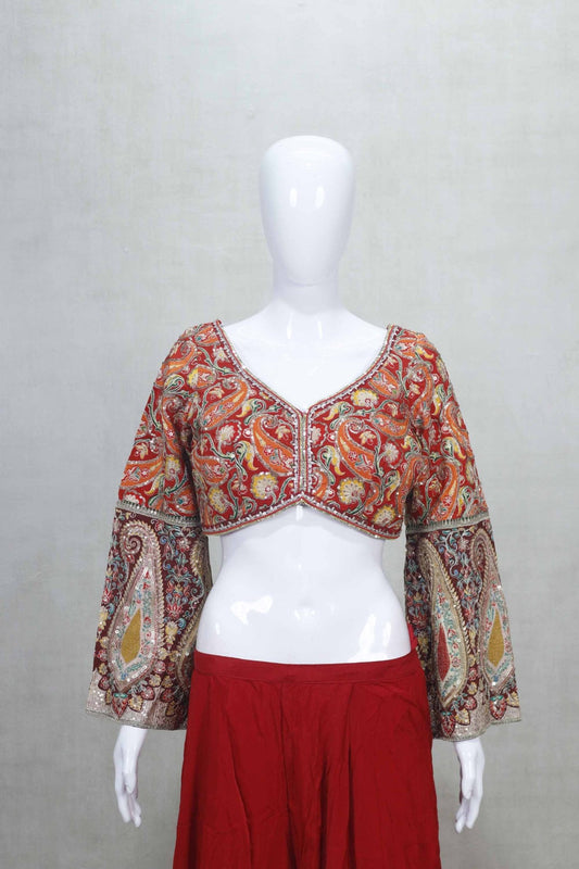 Red Flared Skirt with Multicolor Embroidered Bell Sleeve Crop Top for Women - Mangaldeep NX
