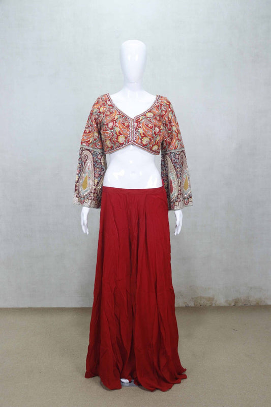 Red Flared Skirt with Multicolor Embroidered Bell Sleeve Crop Top for Women - Mangaldeep NX