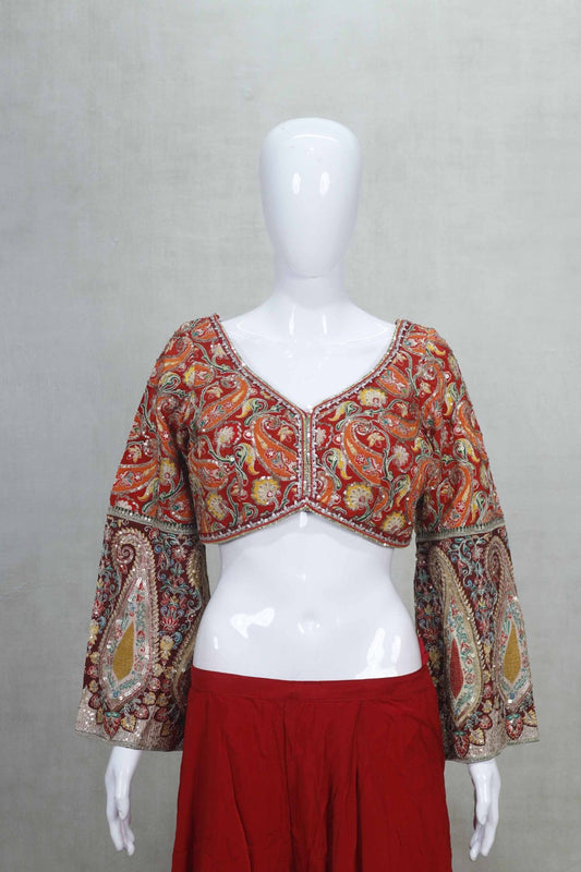 Red Flared Skirt with Multicolor Embroidered Bell Sleeve Crop Top for Women - Mangaldeep NX