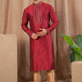 Red Floral Textured Art Silk Kurta for Men with Beige Pyjama - Mangaldeep NX