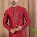 Red Floral Textured Art Silk Kurta for Men with Beige Pyjama - Mangaldeep NX