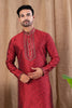 Red Floral Textured Art Silk Kurta for Men with Beige Pyjama - Mangaldeep NX
