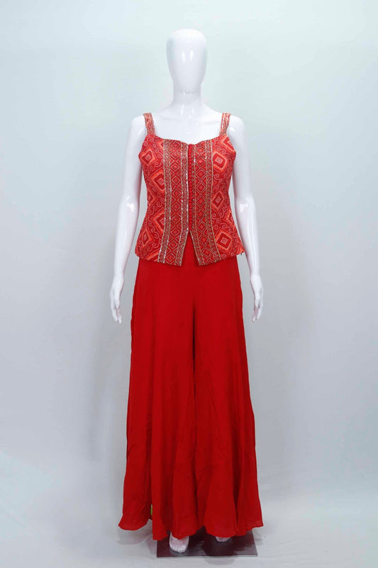 Red Indo Western Palazzo Set with Embroidered Crop Top - Mangaldeep NX