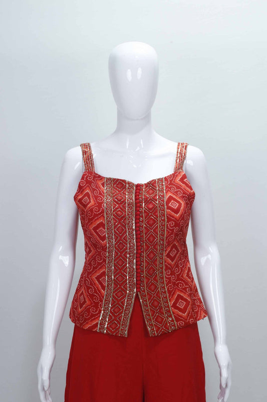 Red Indo Western Palazzo Set with Embroidered Crop Top - Mangaldeep NX