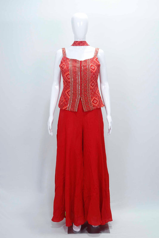 Red Indo Western Palazzo Set with Embroidered Crop Top - Mangaldeep NX