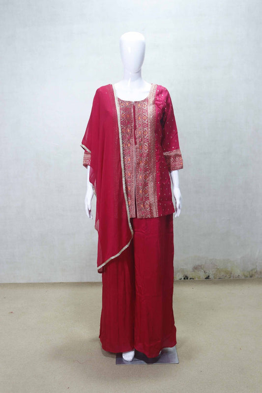 Red Printed Embroidered Kurta Sharara Set with Net Dupatta for Festive Wear - Mangaldeep NX