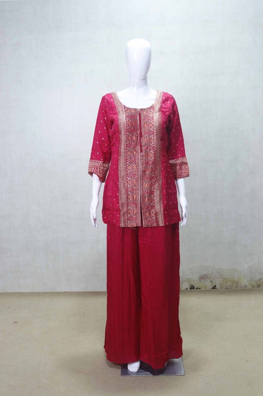 Red Printed Embroidered Kurta Sharara Set with Net Dupatta for Festive Wear - Mangaldeep NX