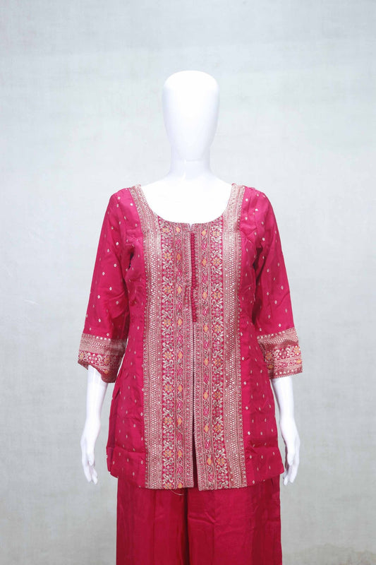 Red Printed Embroidered Kurta Sharara Set with Net Dupatta for Festive Wear - Mangaldeep NX