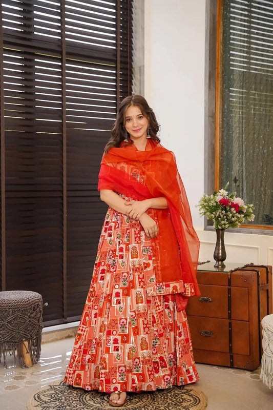 Red Printed Gown with Traditional Motifs and Matching Organza Dupatta - Mangaldeep NX