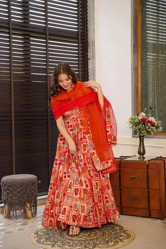 Red Printed Gown with Traditional Motifs and Matching Organza Dupatta - Mangaldeep NX