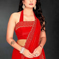 Red Sequin Embellished Party Wear Fandy Saree with Golden Scallop Embroidered Border - Mangaldeep NX