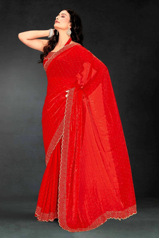 Red Sequin Embellished Party Wear Fandy Saree with Golden Scallop Embroidered Border - Mangaldeep NX
