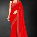 Red Sequin Embellished Party Wear Fandy Saree with Golden Scallop Embroidered Border - Mangaldeep NX