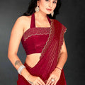 Red Sequin Embellished Party Wear Fandy Silk Saree with Golden Scallop Border - Mangaldeep NX