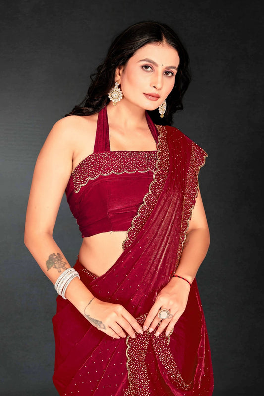 Red Sequin Embellished Party Wear Fandy Silk Saree with Golden Scallop Border - Mangaldeep NX