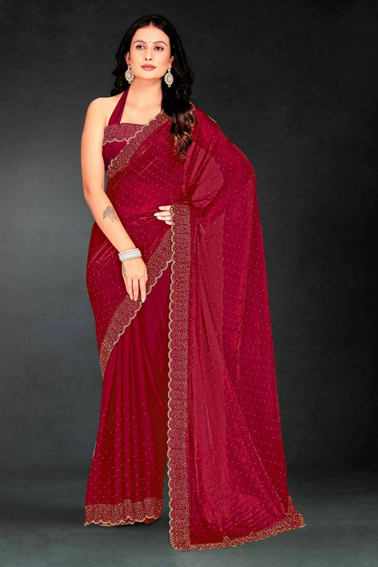 Red Sequin Embellished Party Wear Fandy Silk Saree with Golden Scallop Border - Mangaldeep NX