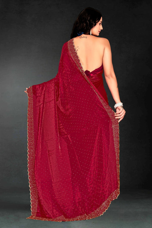 Red Sequin Embellished Party Wear Fandy Silk Saree with Golden Scallop Border - Mangaldeep NX