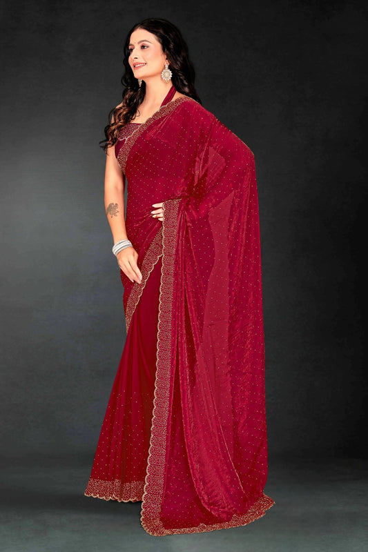 Red Sequin Embellished Party Wear Fandy Silk Saree with Golden Scallop Border - Mangaldeep NX