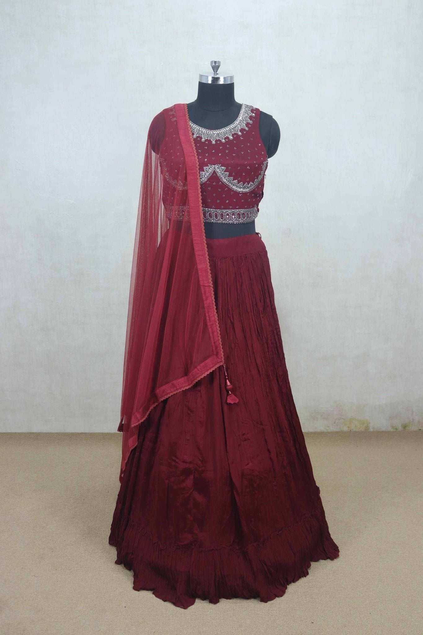 Rich Maroon Designer Embroidered Lehenga Choli Set with Net Dupatta - Mangaldeep NX