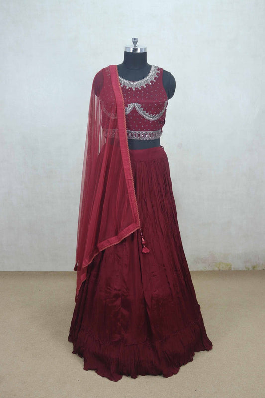 Rich Maroon Designer Embroidered Lehenga Choli Set with Net Dupatta - Mangaldeep NX